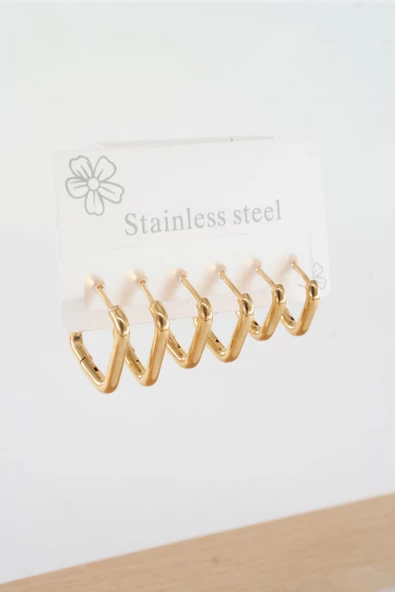 Kadın 316 L Çelik Anti alerjenik  Kare Model 3 Boy 1.8cm / 2.2 cm /2.5 cm Klipsli 6'lı Set Küpe ürün görseli