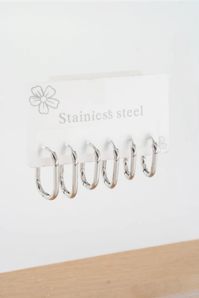 Kadın 316 L Çelik Anti alerjenik  Dikdörgen model 3 Boy 1.8cm / 2.2 cm /2.5 cm Klipsli 6'lı Set Küpe ürün görseli