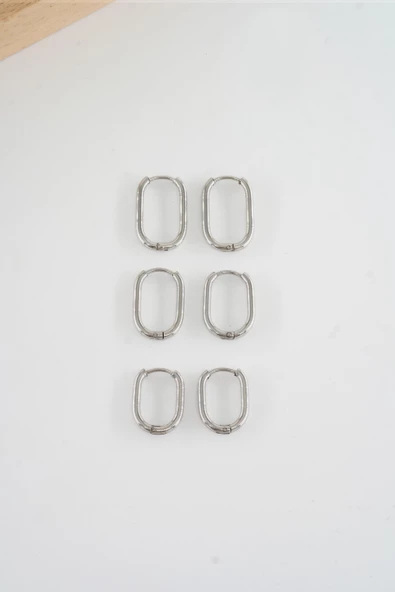 Kadın 316 L Çelik Anti alerjenik  Dikdörgen model 3 Boy 1.8cm / 2.2 cm /2.5 cm Klipsli 6'lı Set Küpe - Resim 2