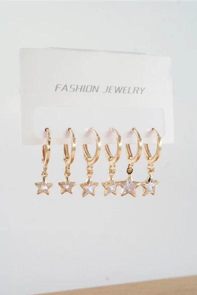 Kadın Zirkon Taşlı Sallantılı Yıldız Figürlü Klipsli 6'lı Küpe Seti ürün görseli