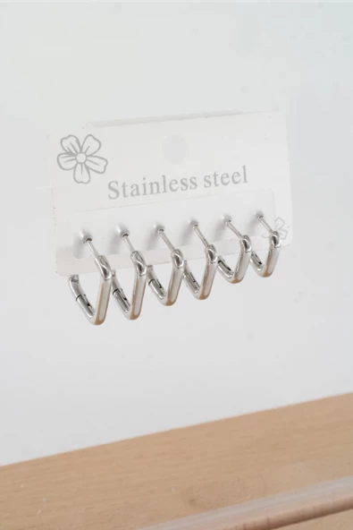 Kadın 316 L Çelik Anti alerjenik  Kare Model 3 Boy 1.8cm / 2.2 cm /2.5 cm Klipsli 6'lı Set Küpe - Resim 3