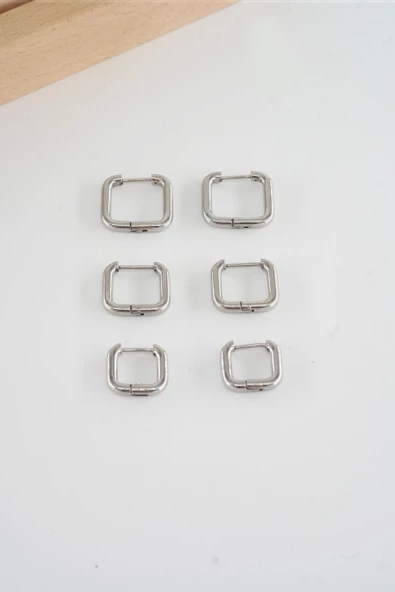 Kadın 316 L Çelik Anti alerjenik  Kare Model 3 Boy 1.8cm / 2.2 cm /2.5 cm Klipsli 6'lı Set Küpe - Resim 2