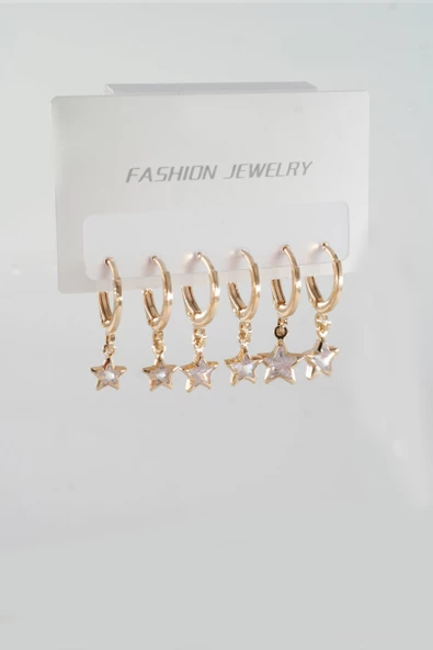 Kadın Zirkon Taşlı Sallantılı Yıldız Figürlü Klipsli 6'lı Küpe Seti - Resim 2