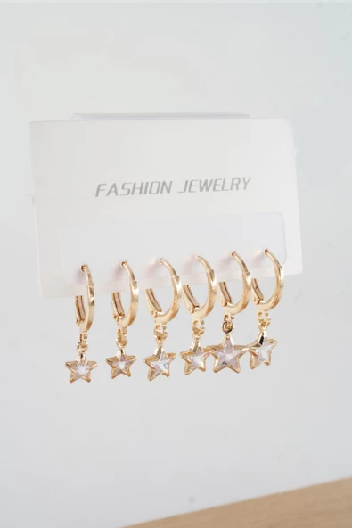 Kadın Zirkon Taşlı Sallantılı Yıldız Figürlü Klipsli 6'lı Küpe Seti - Resim 3