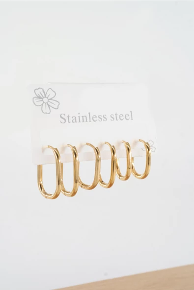 Kadın 316 L Çelik Anti alerjenik  Dikdörgen model 3 Boy 1.8cm / 2.2 cm /2.5 cm Klipsli 6'lı Set Küpe ürün görseli