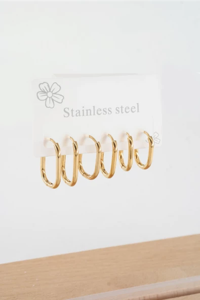 Kadın 316 L Çelik Anti alerjenik  Dikdörgen model 3 Boy 1.8cm / 2.2 cm /2.5 cm Klipsli 6'lı Set Küpe - Resim 3