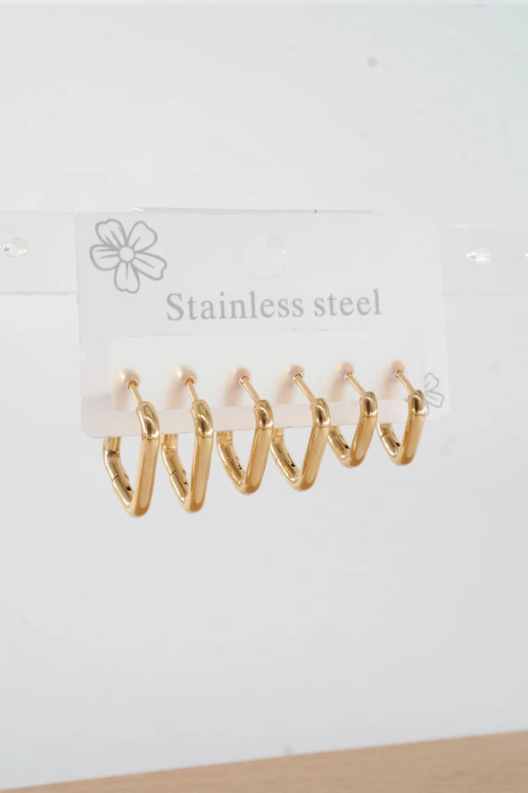 Kadın 316 L Çelik Anti alerjenik  Kare Model 3 Boy 1.8cm / 2.2 cm /2.5 cm Klipsli 6'lı Set Küpe - Resim 3