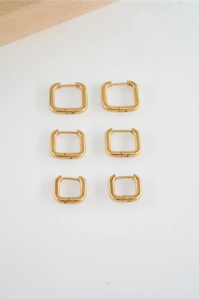 Kadın 316 L Çelik Anti alerjenik  Kare Model 3 Boy 1.8cm / 2.2 cm /2.5 cm Klipsli 6'lı Set Küpe - Resim 2