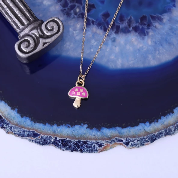 925 Ayar Minimal Pembe Renkli Mineli Mantar Gümüş Kolye - CNE00130 - Resim 5