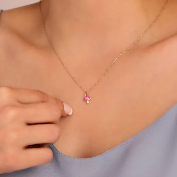 925 Ayar Minimal Pembe Renkli Mineli Mantar Gümüş Kolye - CNE00130 - Resim 3