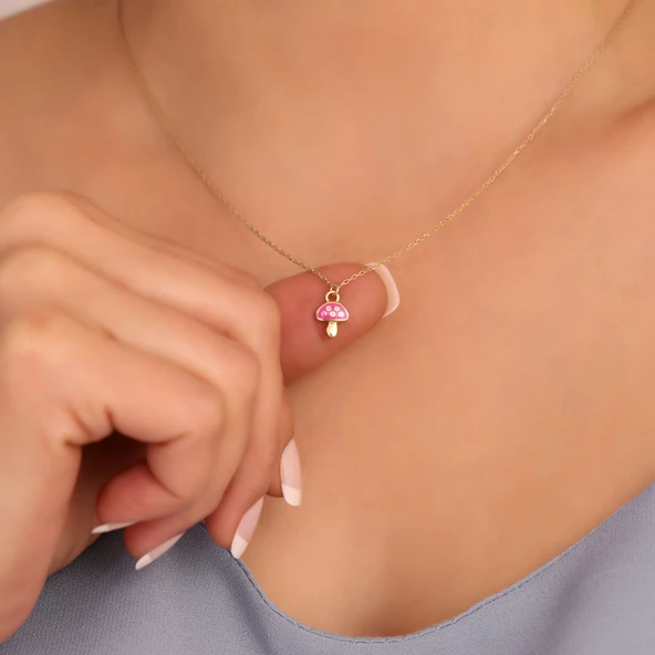 925 Ayar Minimal Pembe Renkli Mineli Mantar Gümüş Kolye - CNE00130 - Resim 2