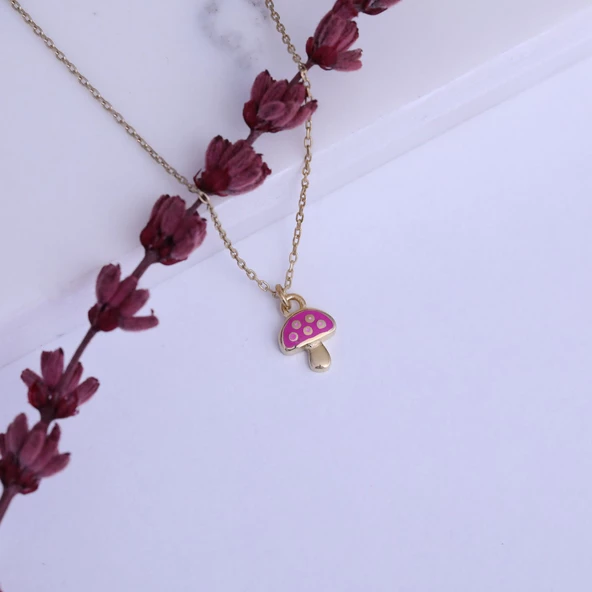 925 Ayar Minimal Pembe Renkli Mineli Mantar Gümüş Kolye - CNE00130 - Resim 4