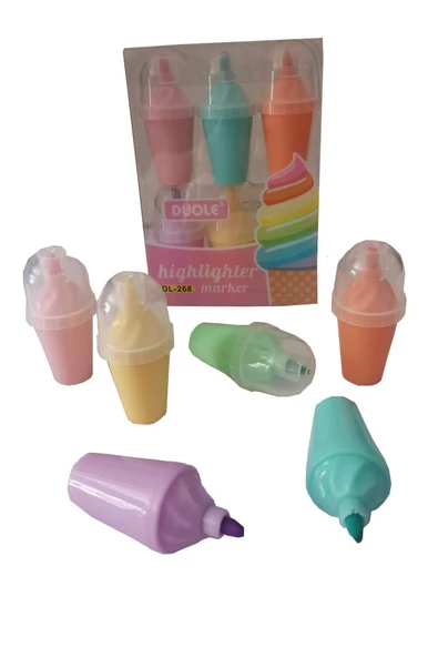 Dondurmalı Fosforlu Kalem 1 Paket 6 Renk Dondurma Figürlü İşaret Kalemi Mini 6 lı Fosforlu Kalem - 3