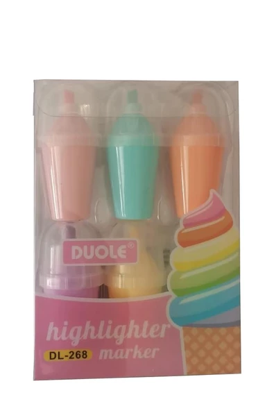 Dondurmalı Fosforlu Kalem 1 Paket 6 Renk Dondurma Figürlü İşaret Kalemi Mini 6 lı Fosforlu Kalem - 2