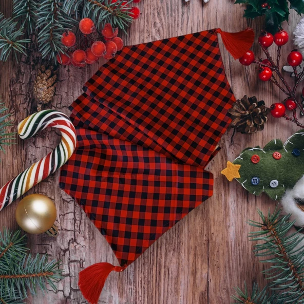 Kırmızı Siyah Pötikare, Dama, Buffalo Desen Üçgen Püsküllü Ranır - Runner - Resim 2