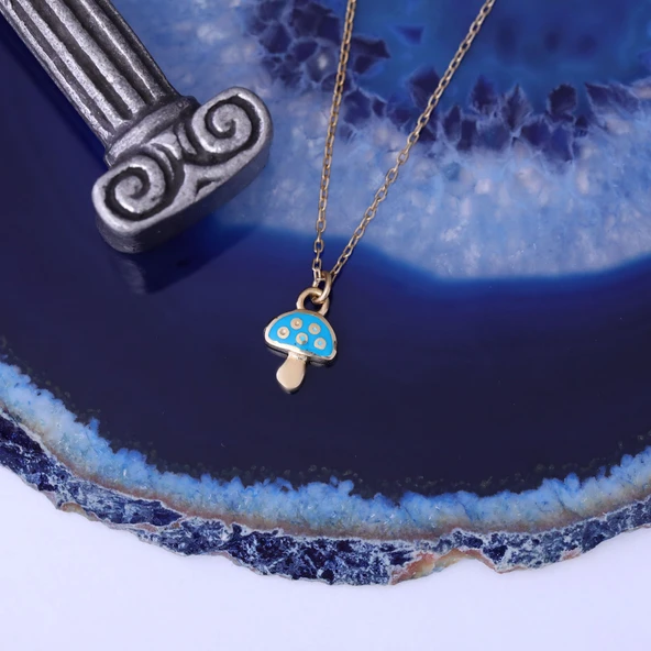 925 Ayar Altın Kaplama Minimal Turkuaz Renk Mantar Tasarım Gümüş Kolye - CNE00129 - Resim 5