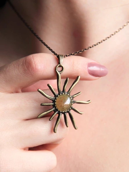 Doğal Taş Sitrin Doğal Taşlı Güneş Desen Kadın Doğal Taş Otantik Kolye euk7s - Resim 3