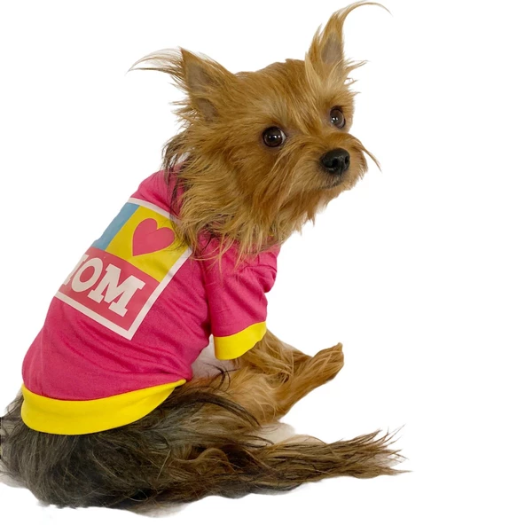 Love Mom Pink, Oval Yaka Tişört Köpek Kıyafeti,Elbisesi Anneler Günü - 3