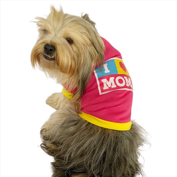 Love Mom Pink, Oval Yaka Tişört Köpek Kıyafeti,Elbisesi Anneler Günü - 7
