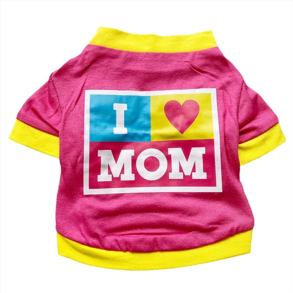 Love Mom Pink, Oval Yaka Tişört Köpek Kıyafeti,Elbisesi Anneler Günü - 2