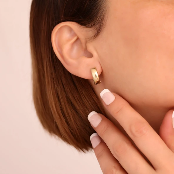 925 Ayar Altın Kaplama Kum-Mat Yüzeyli Minimal Halka Küpe - E00265 - Resim 2