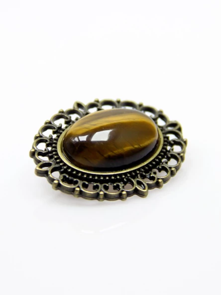 Doğal Taş Kaplangözü Doğal Taşlı Antik Broş Yaka İğnesi Eşarp İğnesi euikg - 5