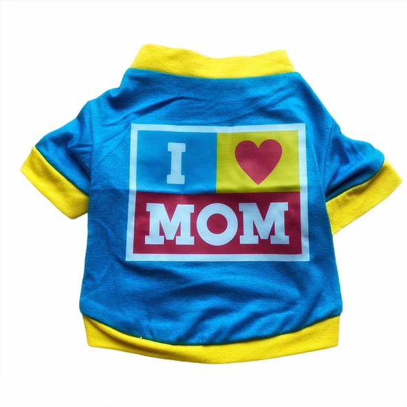 Love Mom Blue, Oval Yaka Tişört Kedi Kıyafeti Elbisesi Anneler Günü - 3