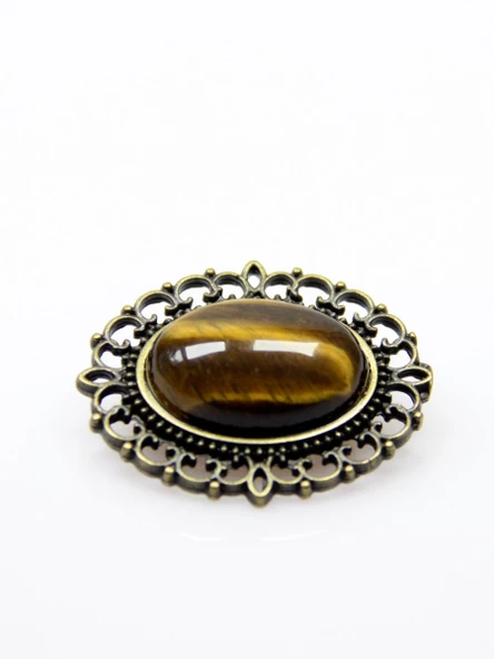 Doğal Taş Kaplangözü Doğal Taşlı Antik Broş Yaka İğnesi Eşarp İğnesi euikg - 3