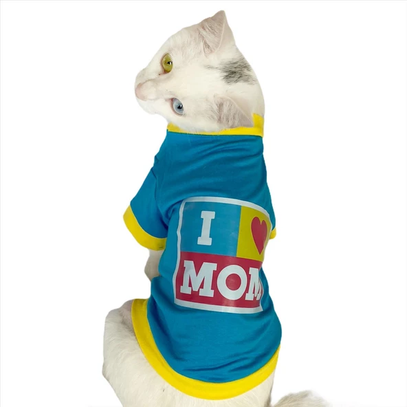Love Mom Blue, Oval Yaka Tişört Kedi Kıyafeti Elbisesi Anneler Günü - 2
