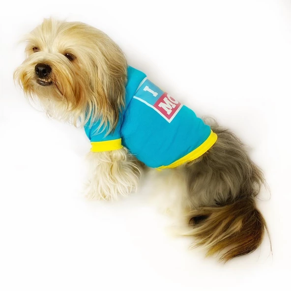 Love Mom Blue,Oval Yaka Tişört Köpek Kıyafeti Elbisesi Anneler Günü - 8