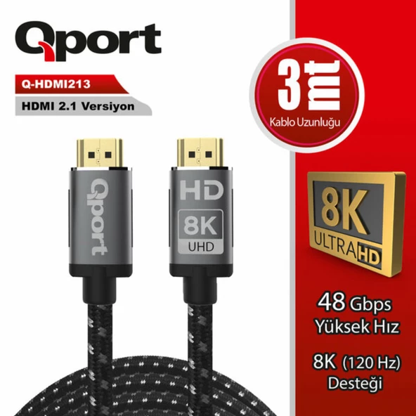 Qport 3 Metre Q-HDMI213 2.1V 8K Altin Uçlu Örgülü HDMI Kablo Q-HDMI213