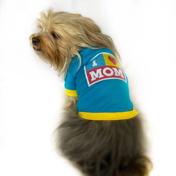 Love Mom Blue,Oval Yaka Tişört Köpek Kıyafeti Elbisesi Anneler Günü - 7
