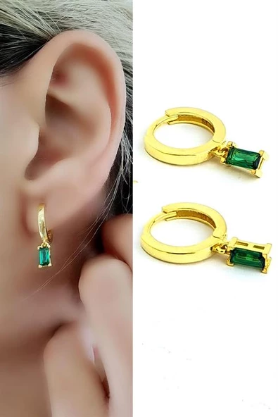 Yeşil Baget Zirkon Taşlı 925Ayar Gümüş Üzerine Altın Kaplama Luxury Tasarım Sallantılı Halka Küpe ürün görseli