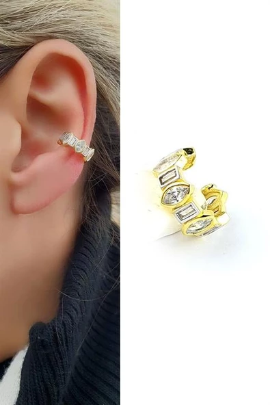 925Ayar Gümüş Üzerine Altın Kaplama Luxury Tasarım Sıkıştırmalı Kıkırdak Küpesi ürün görseli