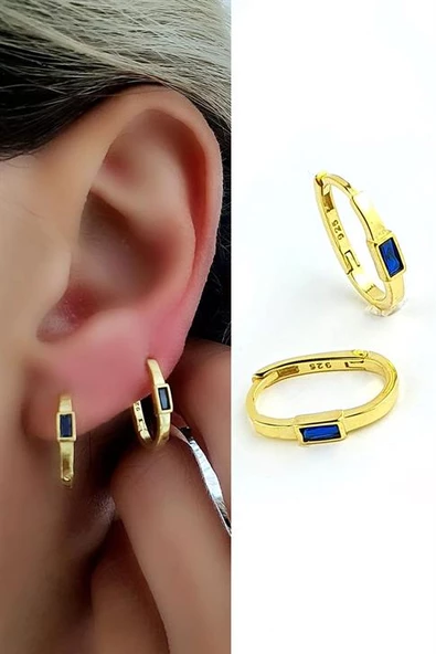 Lacivert Baget Zirkon Taşlı 925Ayar Gümüş Üzerine Altın Kaplama Luxury Tasarım Oval Halka Küpe ürün görseli