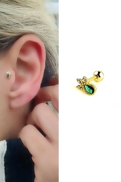 Yeşil Zirkon Taşlı 925Ayar Gümüş Üzerine Altın Kaplama Tragus Kıkırdak Piercing ürün görseli