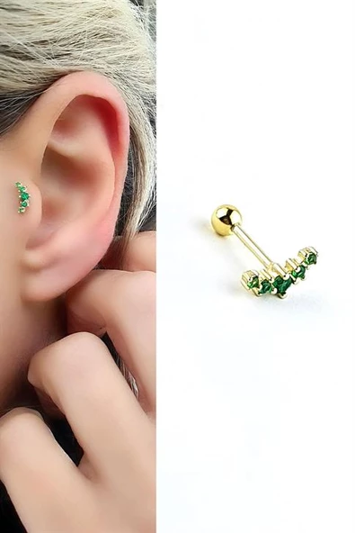 Yeşil Zirkon Taşlı Yay  925Ayar Gümüş Üzerine Altın Kaplama Tragus Kıkırdak Piercing ürün görseli