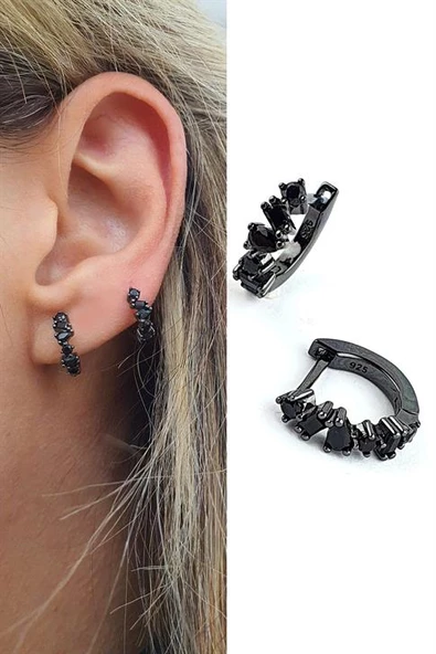 Oniks Taşlı 925Ayar Gümüş Üzerine Siyah Rodajli Minimal Halka Küpe ürün görseli