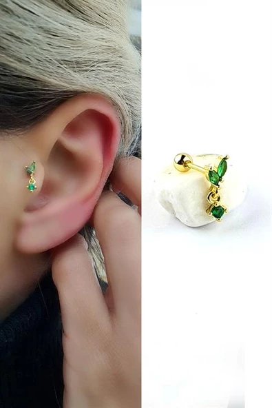 Yeşil Zirkon Taşlı 925Ayar Gümüş Üzerine Altın Kaplama Sallantılı Tragus Helix Kikirdak Piercing ürün görseli