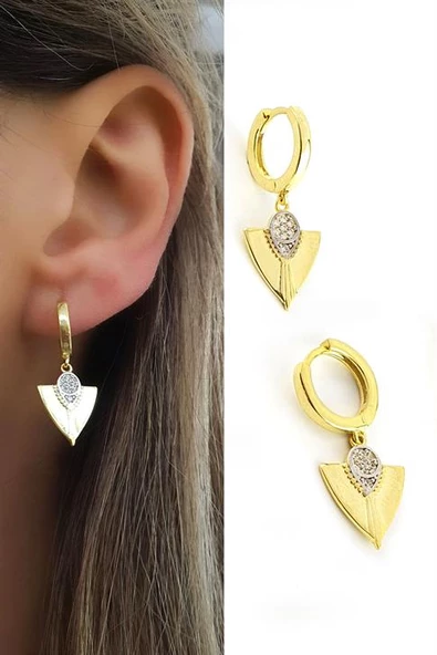 Zirkon Taşlı 925Ayar Gümüş Üzerine Altın Kaplama Luxury Tasarım Trend Küpe ürün görseli