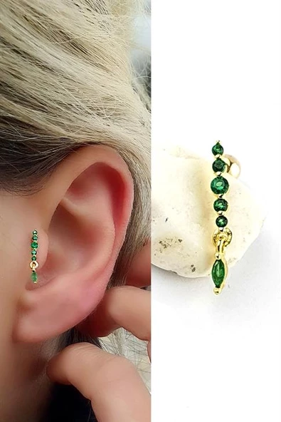 Yeşil Zirkon Taşlı   925Ayar Gümüş Üzerine Altın Kaplama Tragus Kıkırdak Piercing ürün görseli