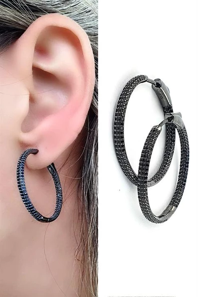 Oniks Taşlı 925Ayar Gümüş Üzerine Siyah Rodajli İtalyan Tasarımı Halka Küpe Özel Seri ürün görseli