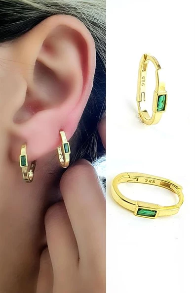 Yeşil Baget Zirkon Taşlı 925Ayar Gümüş Üzerine Altın Kaplama Luxury Tasarım Oval Halka Küpe ürün görseli