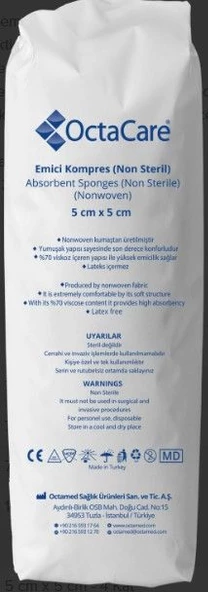 Octacare Non-Steril Spanç  Emici  Kompres Gazlı Bez  5 cm x 5 cm - 4 Kat 200 Adet