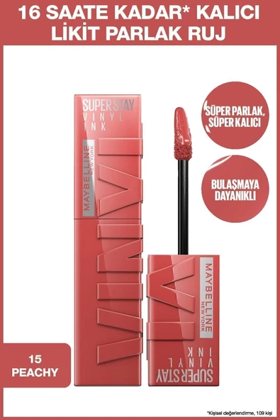 Maybelline New York Super Stay Vinyl Ink Uzun Süre Kalıcı Şeftali Tonlu Likit Parlak Ruj 15 Peachy