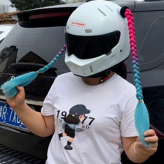 Tex Kask Süsü 5 Motosiklet Bisiklet Ve Kayak Kask Süsü Kalın Örgü At Kuyruğu Saç Pembe Mavi