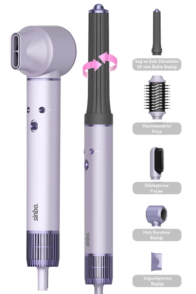Sinbo Pro Airwrap Compact Uzun Multi-styler Hava Üfleme 5in1 Saç Şekillendirici Bldc Motor Shd-1719 -Mor - 1