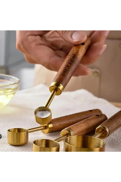 4 Adet Paslanmaz Çelik Ahşap Saplı Ölçü Kaşığı Seti Ölçü Kabı 15ml 5ml 2.5ml 1.25ml - 7