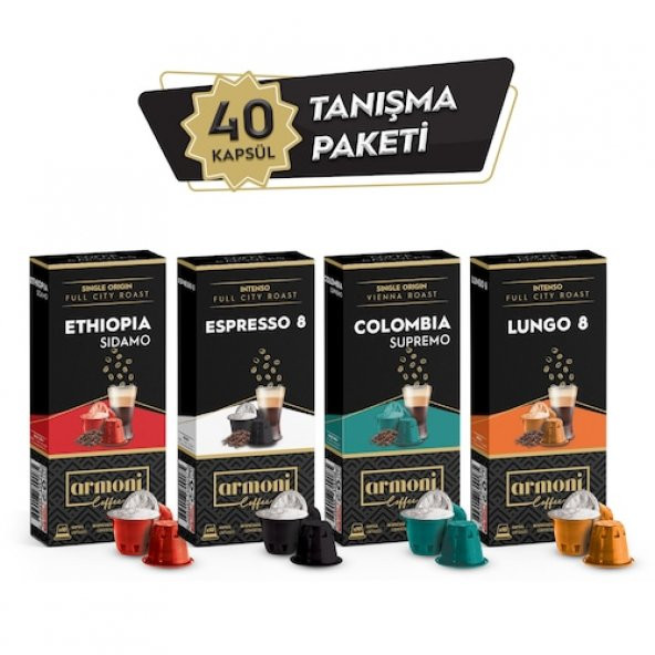Armoni Coffee Ethiopia + Espresso 8 + Colombia + Lungo 8 Nespresso Uyumlu Kapsül Kahve 4 x 10lu