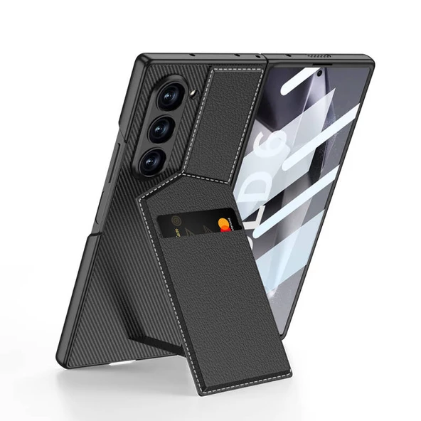 TechnoGuru  Samsung Galaxy Z Fold 6 Kılıf Karbon Fiber Deri Kartlıklı Polaris Dik Açılan Kartlıklı Kapak